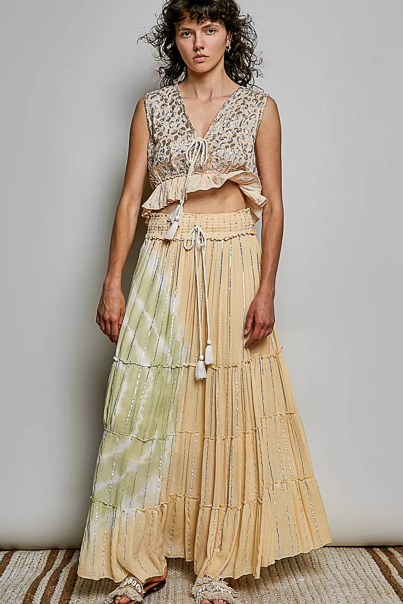Shimmer Tiered Reverse Ruffle Smocked Waist Maxi Skirt