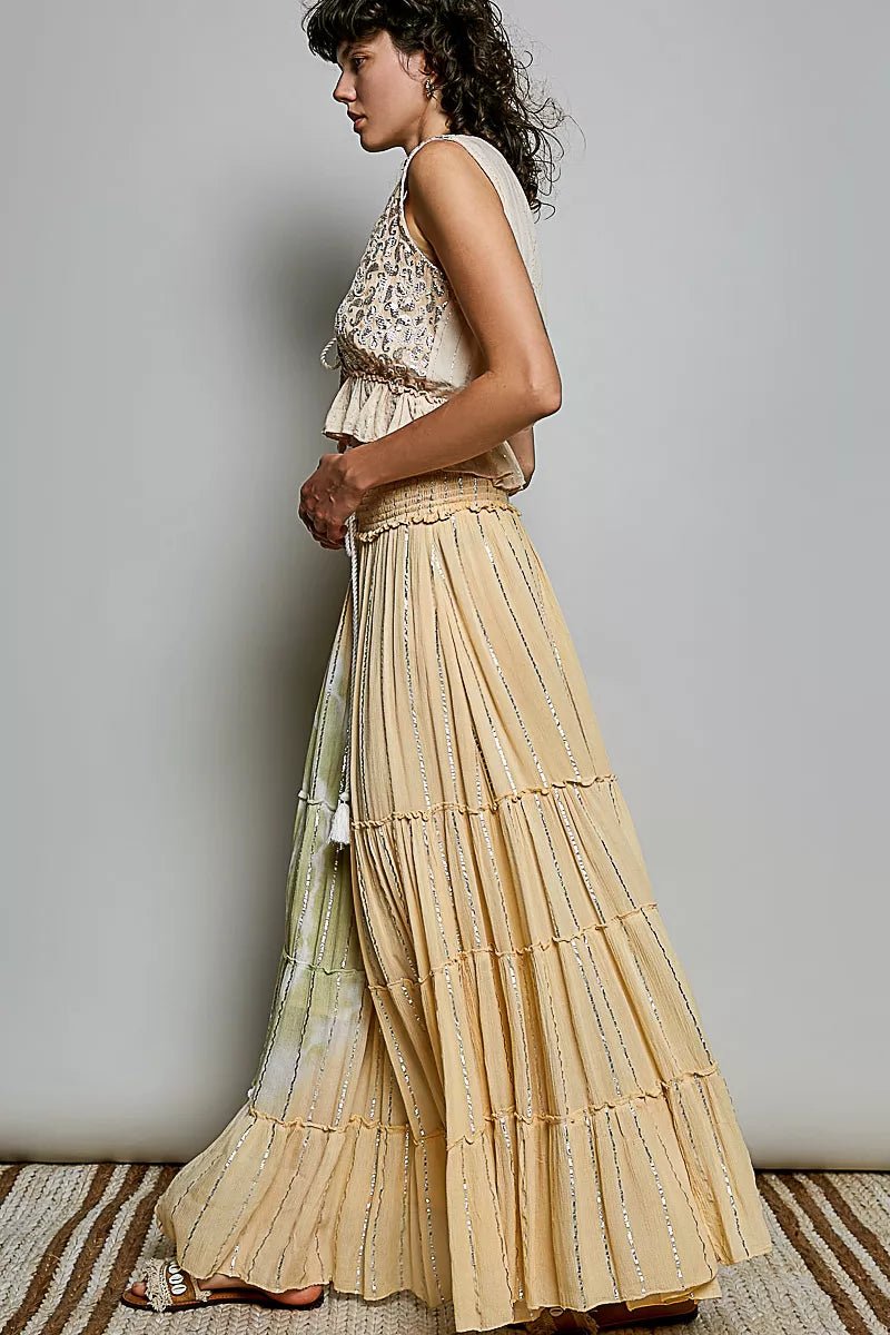 Shimmer Tiered Reverse Ruffle Smocked Waist Maxi Skirt