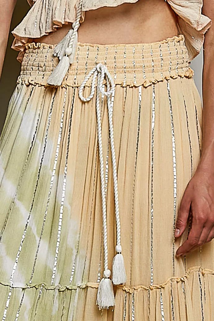 Shimmer Tiered Reverse Ruffle Smocked Waist Maxi Skirt