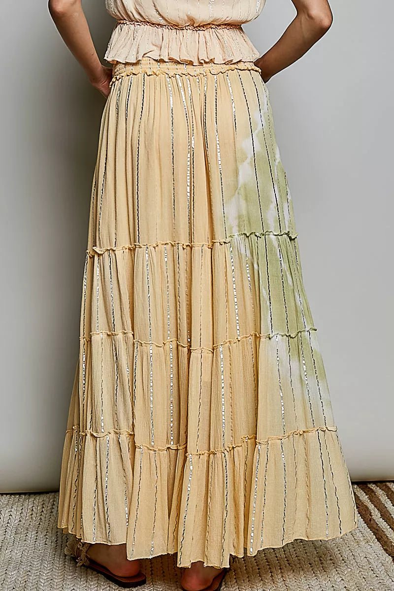 Shimmer Tiered Reverse Ruffle Smocked Waist Maxi Skirt