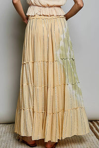 Shimmer Tiered Reverse Ruffle Smocked Waist Maxi Skirt