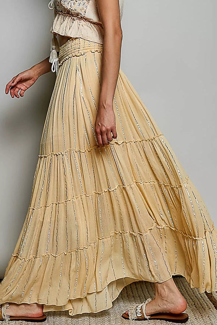 Shimmer Tiered Reverse Ruffle Smocked Waist Maxi Skirt
