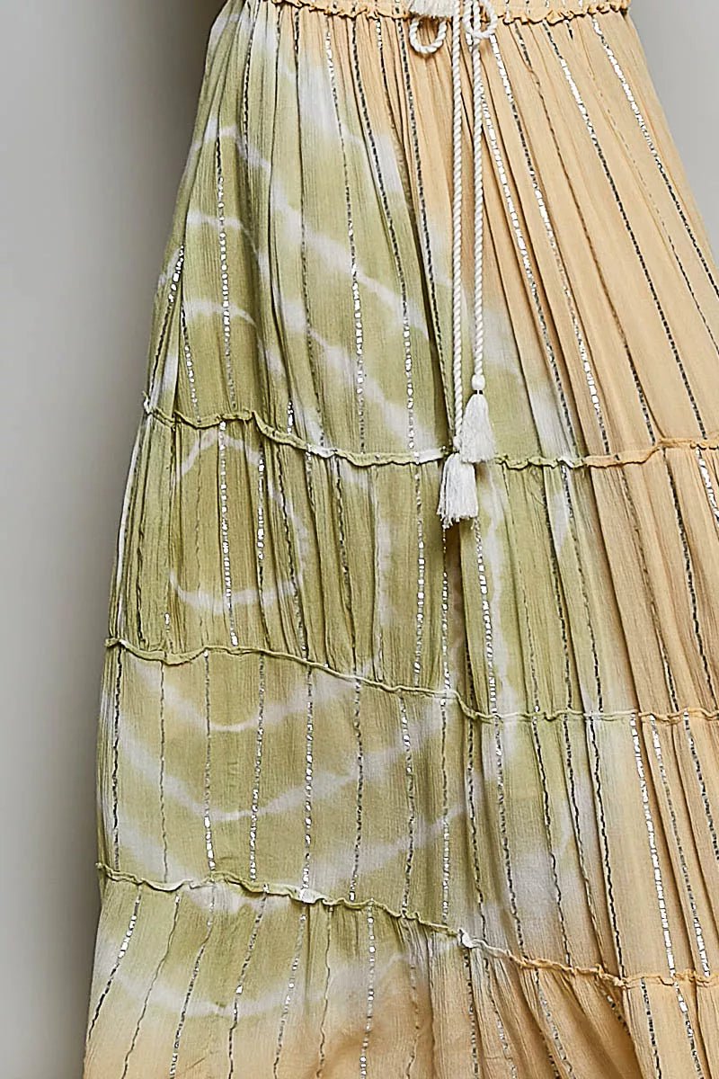 Shimmer Tiered Reverse Ruffle Smocked Waist Maxi Skirt