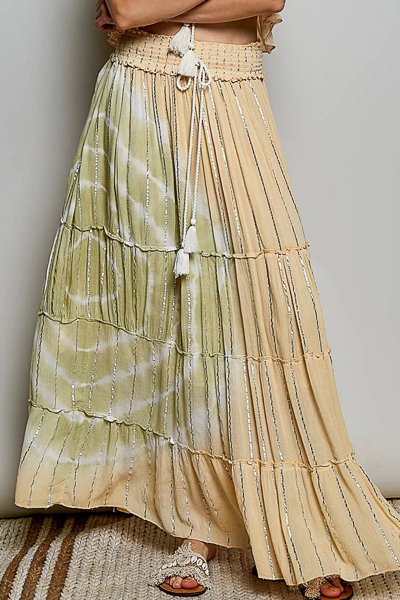 Shimmer Tiered Reverse Ruffle Smocked Waist Maxi Skirt