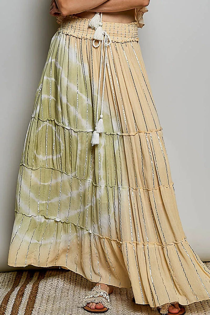 Shimmer Tiered Reverse Ruffle Smocked Waist Maxi Skirt