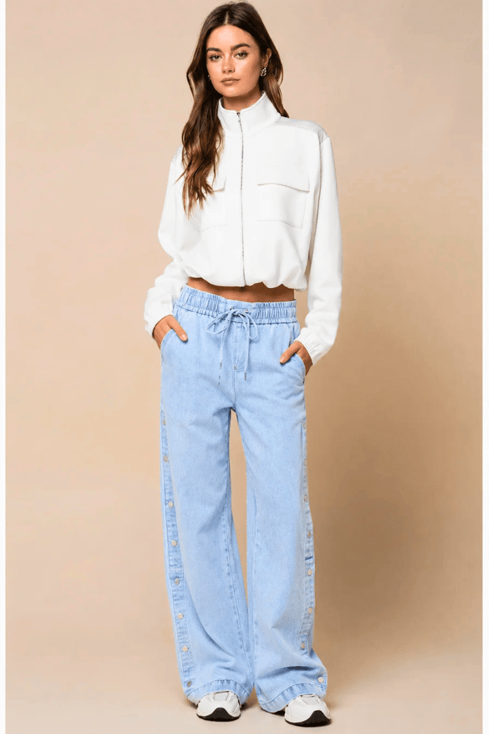 Side Button Elastic Waist Denim Pants