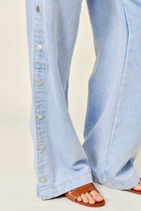 Side Button Elastic Waist Denim Pants