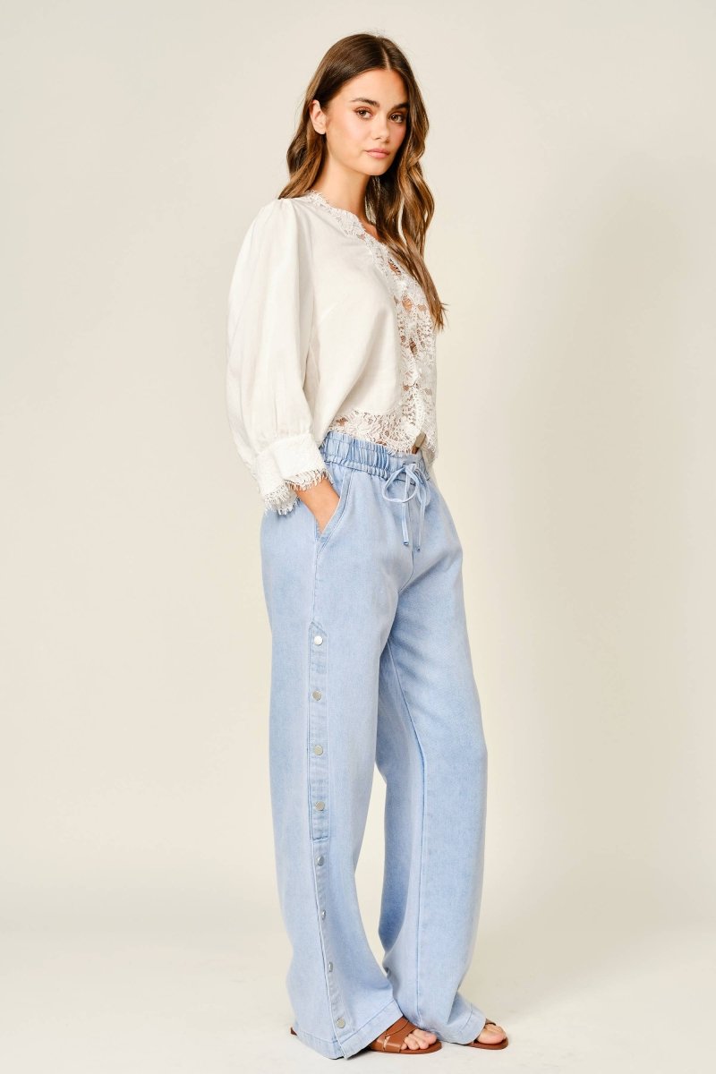 Side Button Elastic Waist Denim Pants