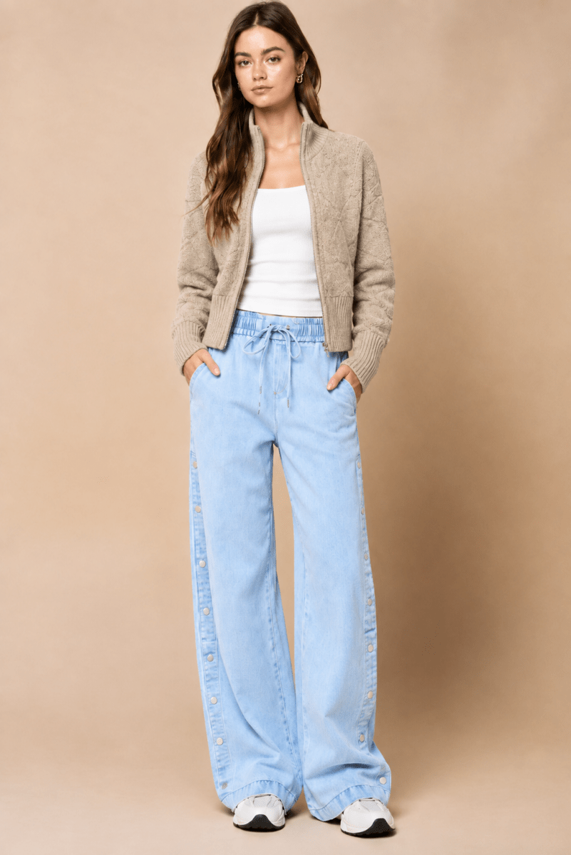 Side Button Elastic Waist Denim Pants