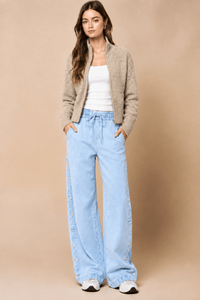 Side Button Elastic Waist Denim Pants