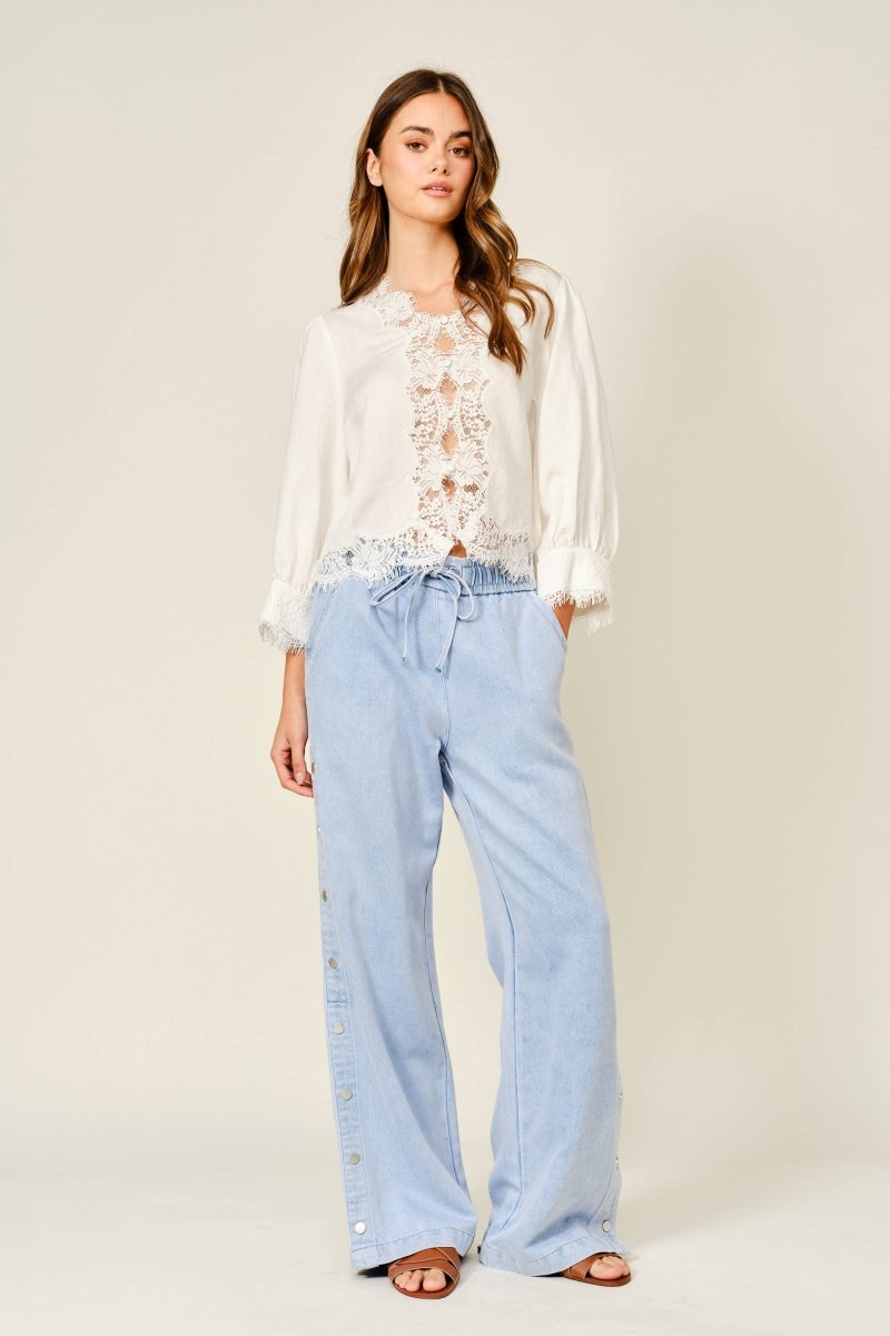 Side Button Elastic Waist Denim Pants