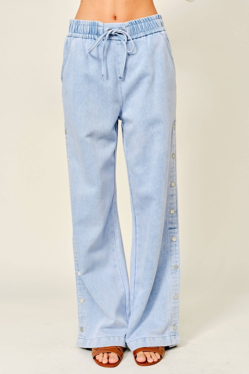 Side Button Elastic Waist Denim Pants