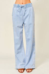 Side Button Elastic Waist Denim Pants