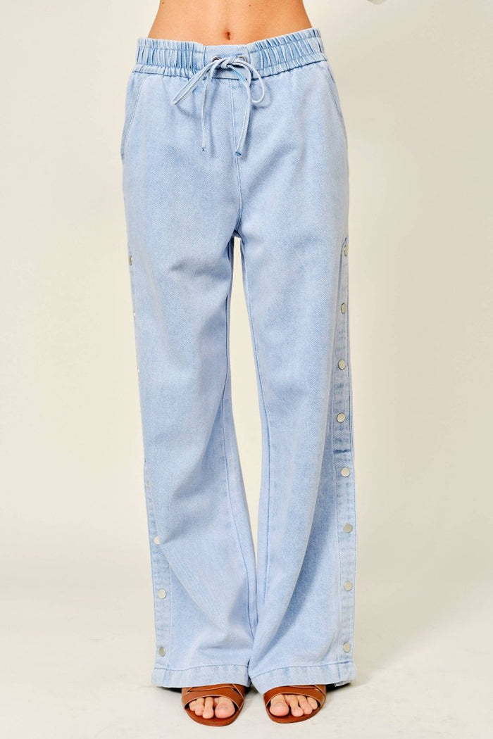 Side Button Elastic Waist Denim Pants
