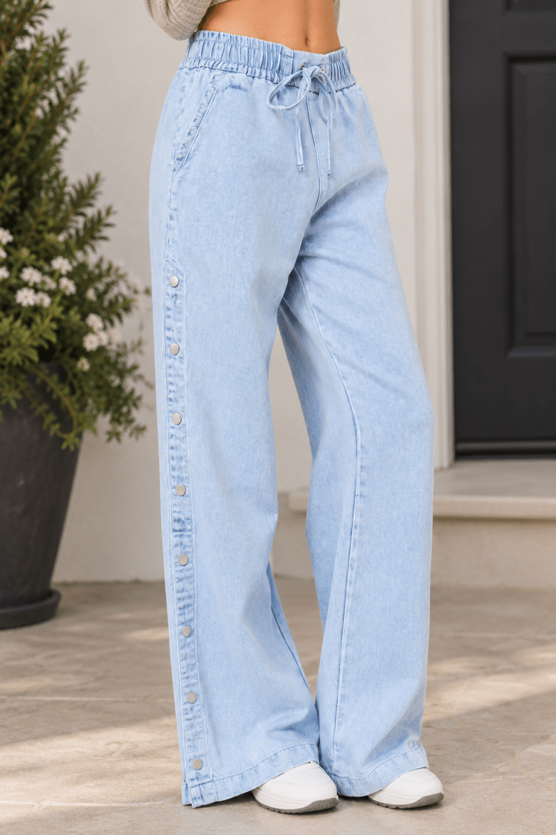 Side Button Elastic Waist Denim Pants