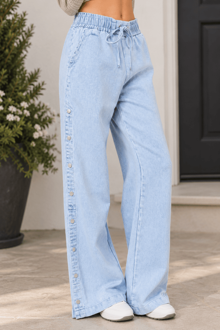 Side Button Elastic Waist Denim Pants
