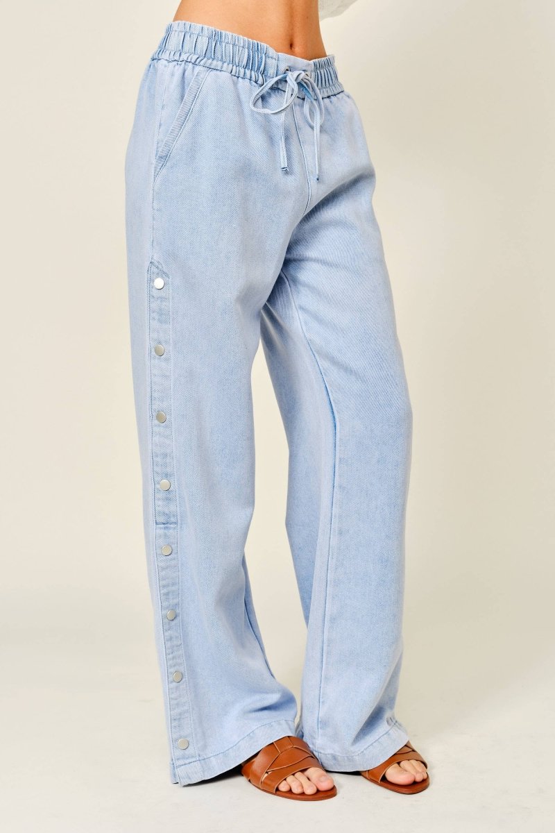 Side Button Elastic Waist Denim Pants