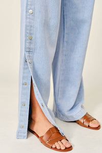 Side Button Elastic Waist Denim Pants
