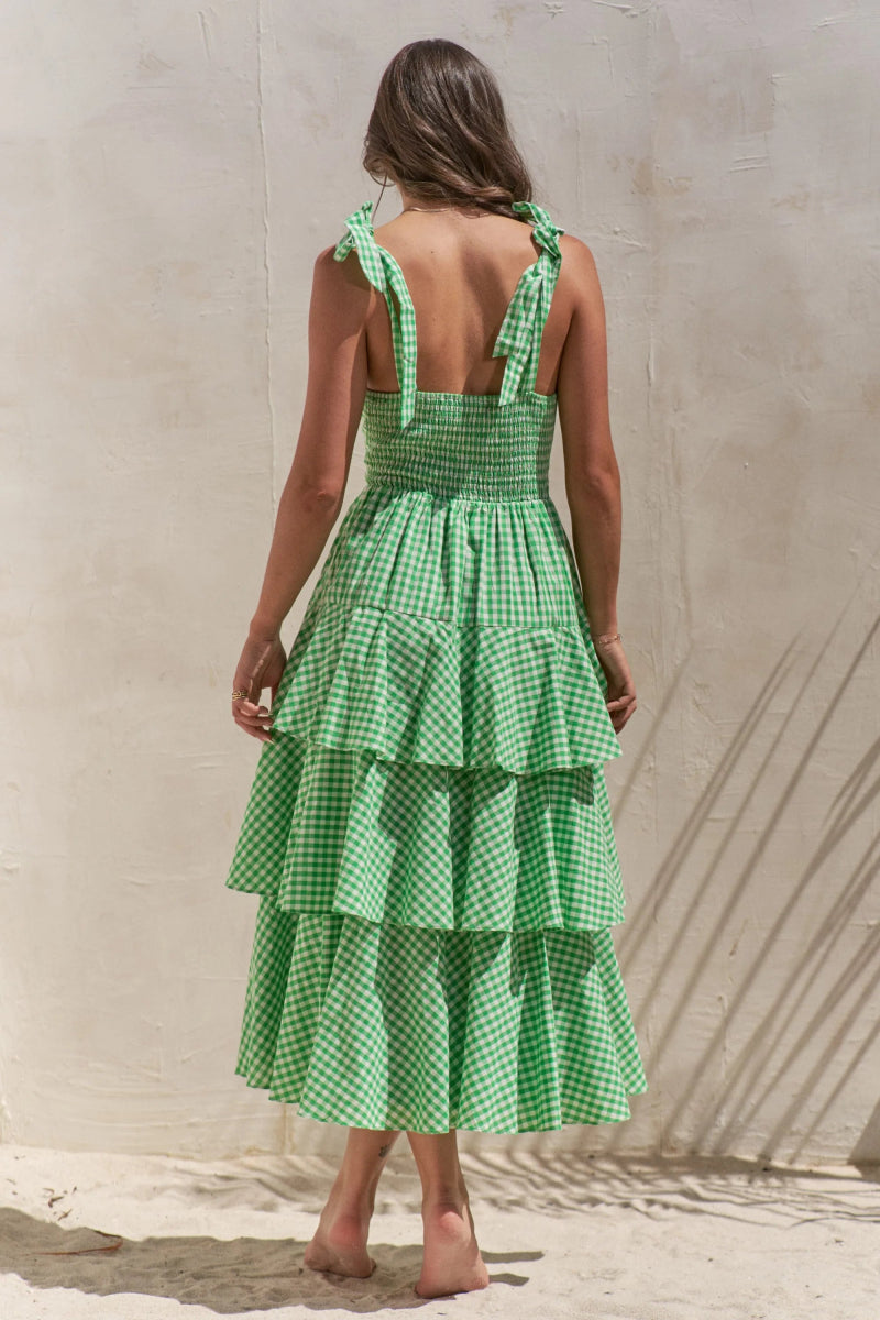 Sleeveless Gingham Print Tiered Midi Dress