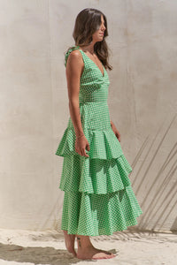 Sleeveless Gingham Print Tiered Midi Dress