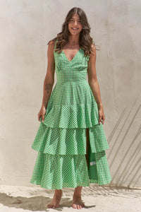 Sleeveless Gingham Print Tiered Midi Dress