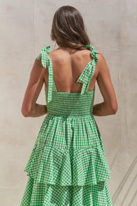 Sleeveless Gingham Print Tiered Midi Dress