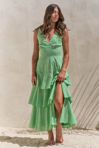 Sleeveless Gingham Print Tiered Midi Dress