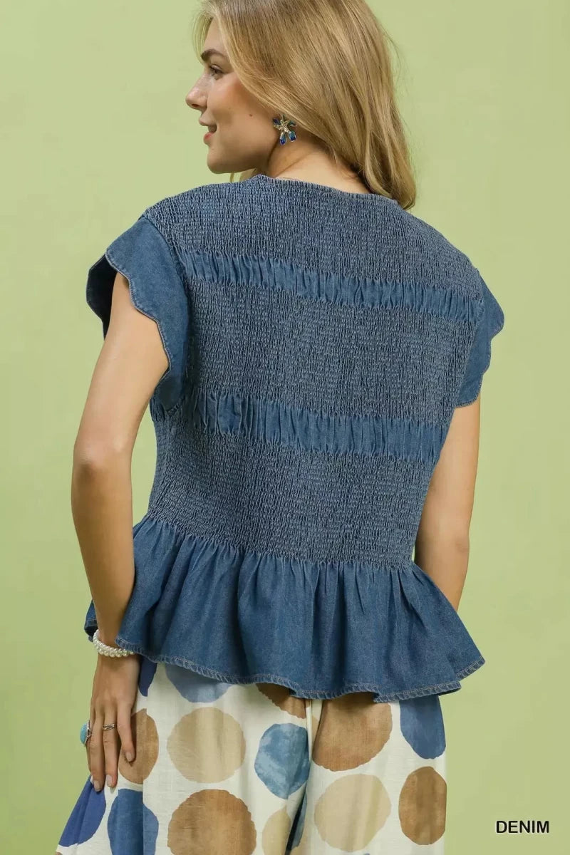 Smocked Peplum Top with Scalloped Ruffle Cap Sleeves