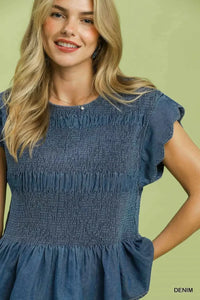 Smocked Peplum Top with Scalloped Ruffle Cap Sleeves