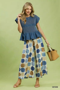 Smocked Peplum Top with Scalloped Ruffle Cap Sleeves