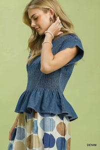 Smocked Peplum Top with Scalloped Ruffle Cap Sleeves