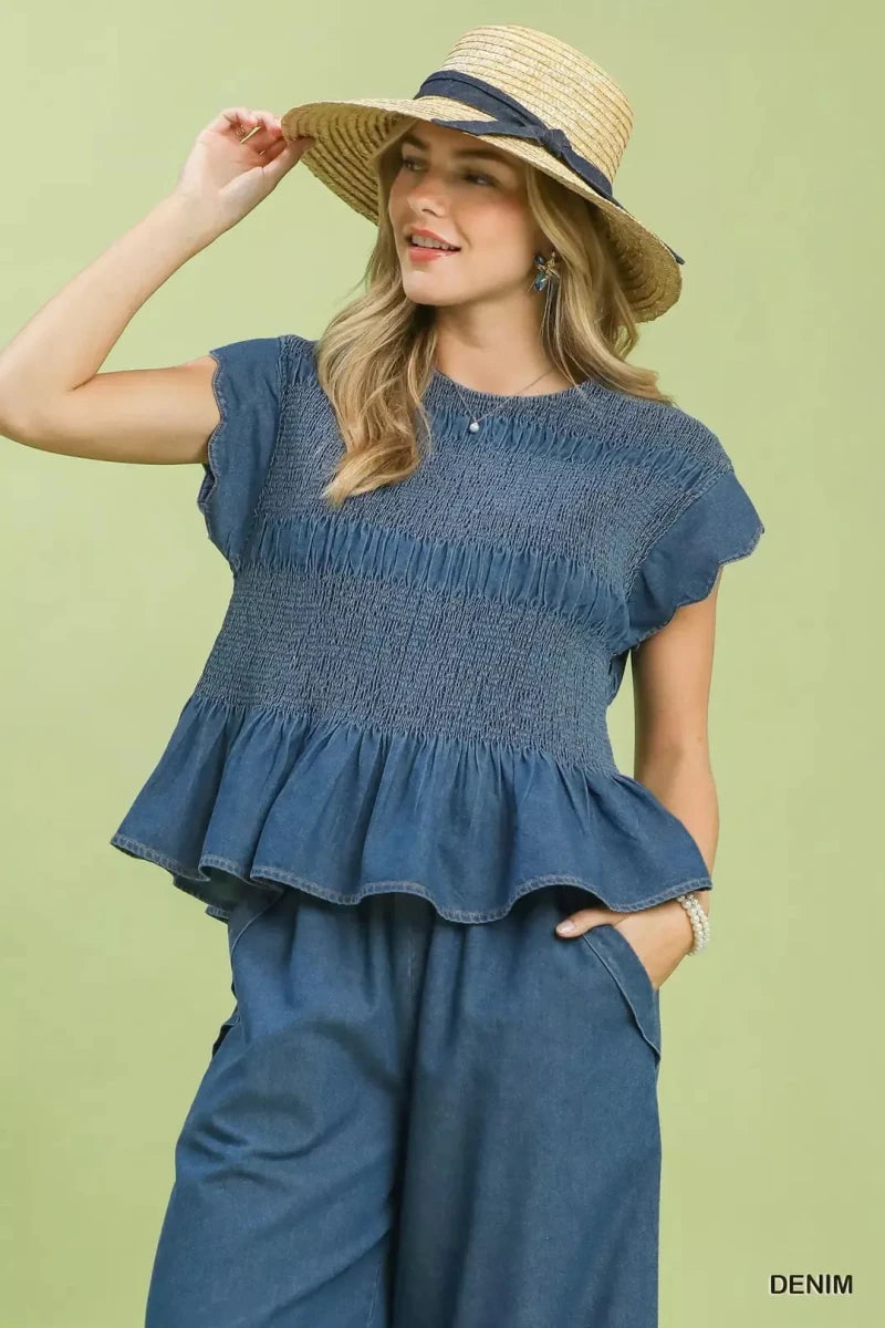 Smocked Peplum Top with Scalloped Ruffle Cap Sleeves