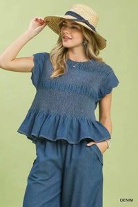 Smocked Peplum Top with Scalloped Ruffle Cap Sleeves