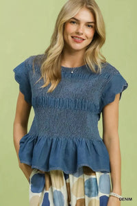 Smocked Peplum Top with Scalloped Ruffle Cap Sleeves
