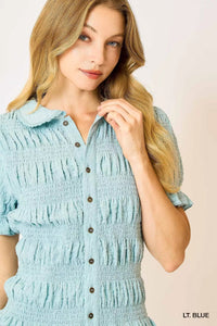 Smocked Short Sleeve Button - Front Shirt