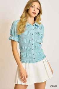 Smocked Short Sleeve Button - Front Shirt