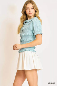 Smocked Short Sleeve Button - Front Shirt