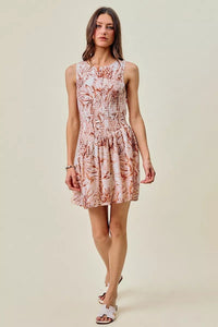 SO ME Shell Print Smocked Fit And Flare Mini Lined Dress