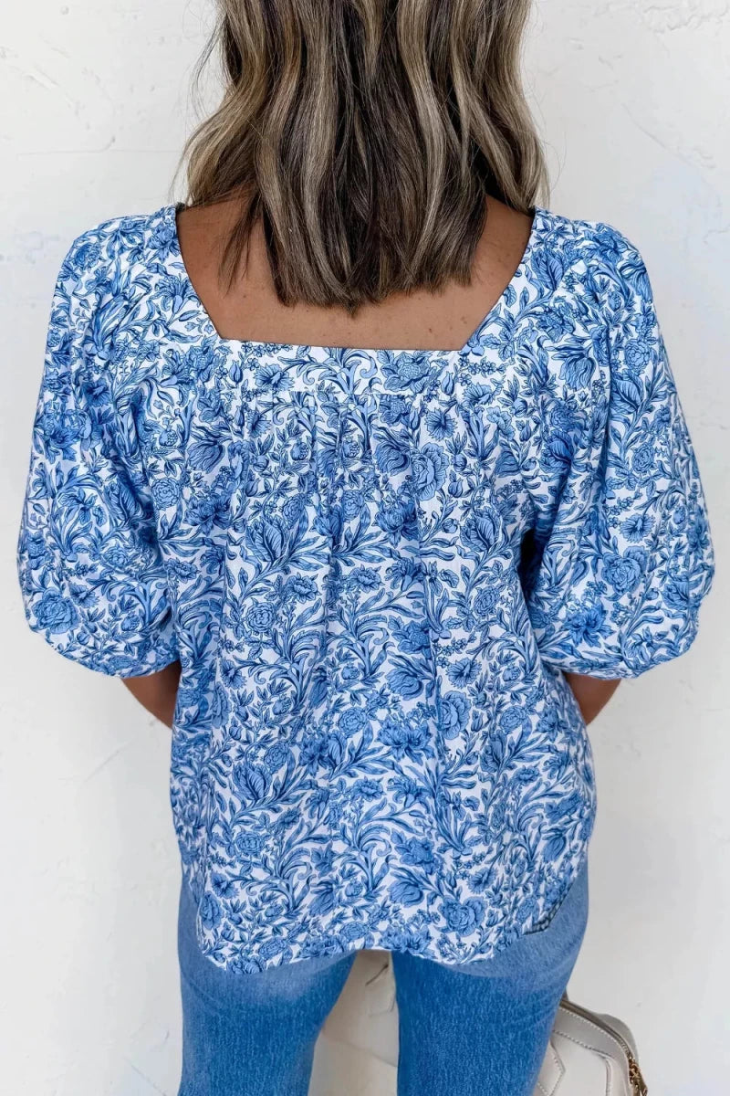 Square Neck Short Puff Sleeve Pleated Floral Blouse