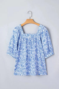 Square Neck Short Puff Sleeve Pleated Floral Blouse
