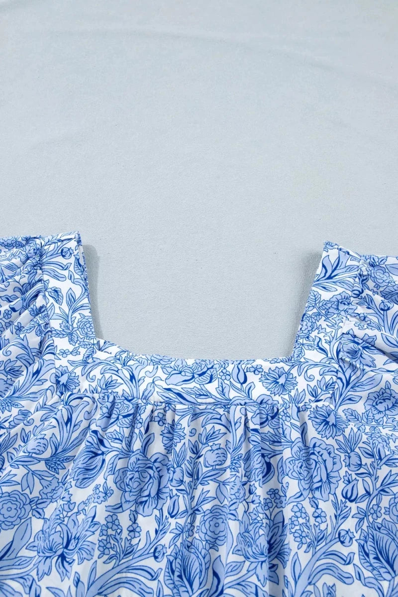 Square Neck Short Puff Sleeve Pleated Floral Blouse