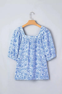 Square Neck Short Puff Sleeve Pleated Floral Blouse
