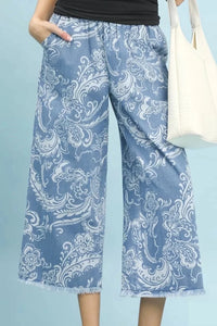 Stone Wash Wide Leg Crop Pants