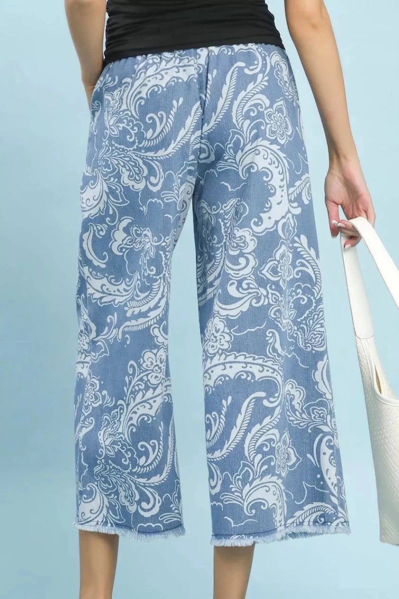 Stone Wash Wide Leg Crop Pants