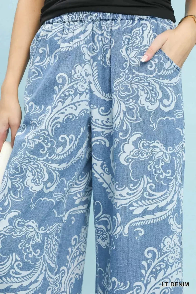Stone Wash Wide Leg Crop Pants