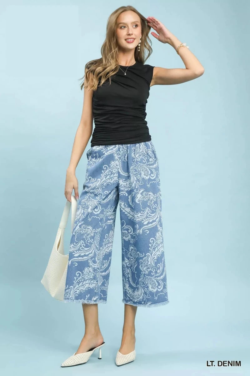 Stone Wash Wide Leg Crop Pants