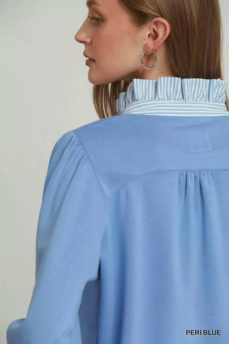 Stripe Ruffle Neck Long Sleeve Top