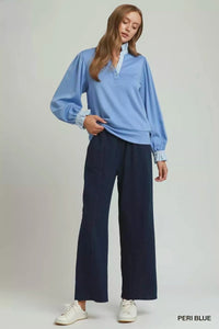 Stripe Ruffle Neck Long Sleeve Top