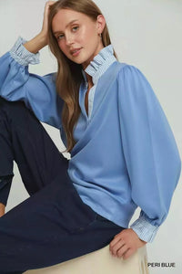Stripe Ruffle Neck Long Sleeve Top