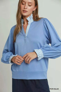 Stripe Ruffle Neck Long Sleeve Top